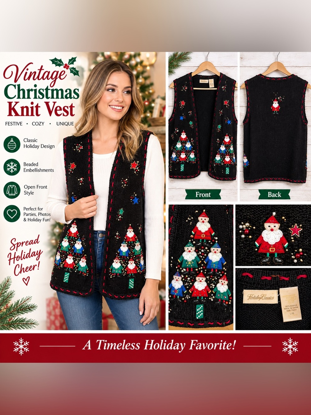 Bobbie Brooks Sz S Women’s Christmas Vest Embroidered/Beaded Santa/Elves